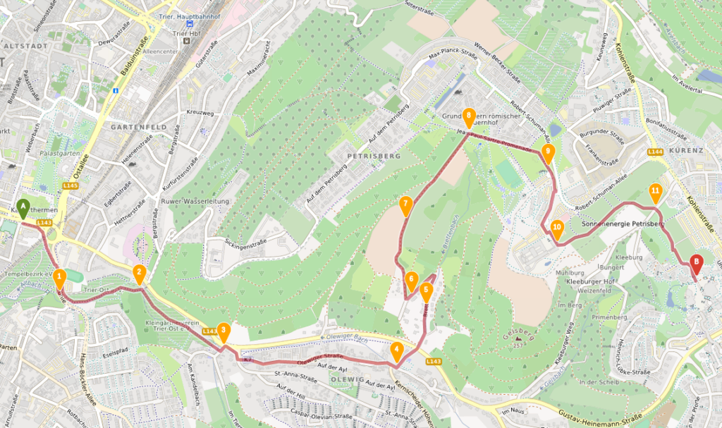 Karte der Route vom Stadtbad über Olewig zu Campus 2 und Campus 1.